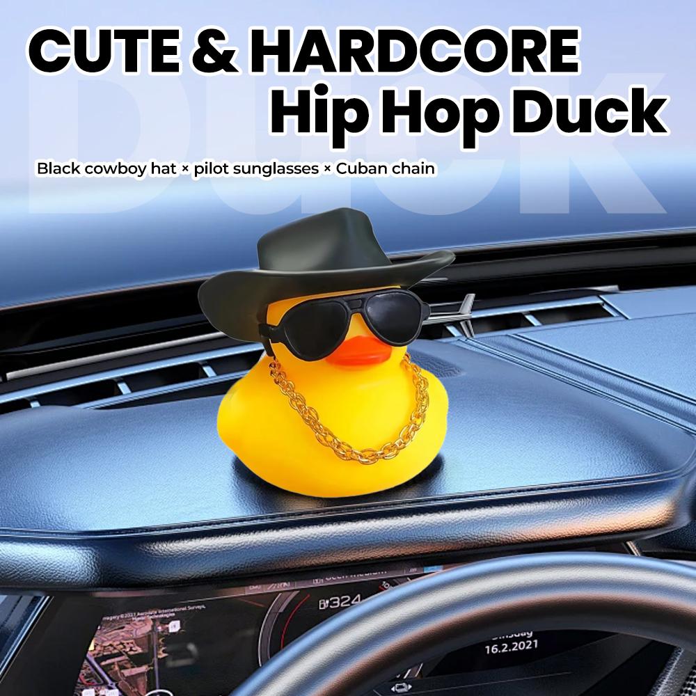 1PC cute yellow duck car ornament with black cowboy hat and sunglasses, car decoration, holiday gift