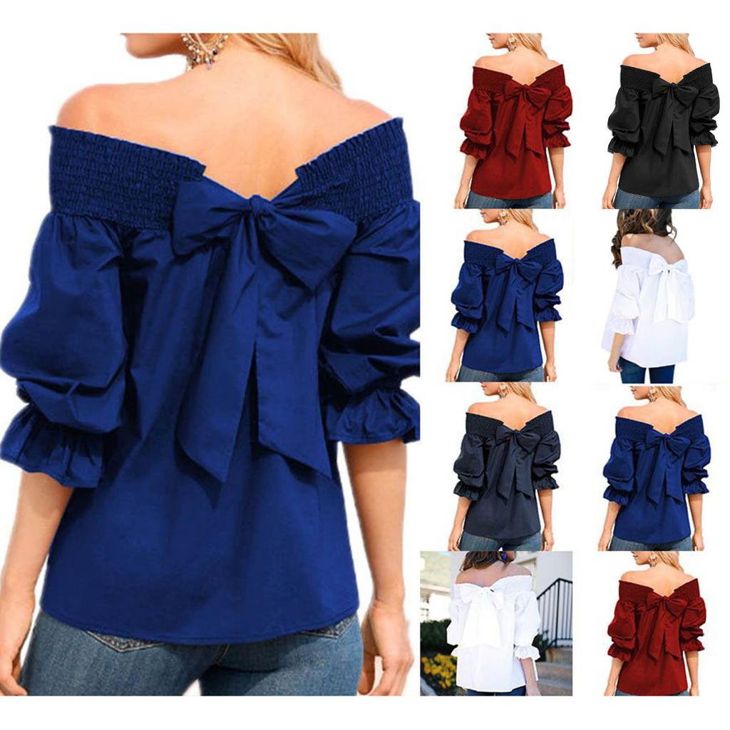 Women's Bubble Sleeve Bow Long Sleeve Square Neck Top Off-shoulder Color Women's Tops And Blouses