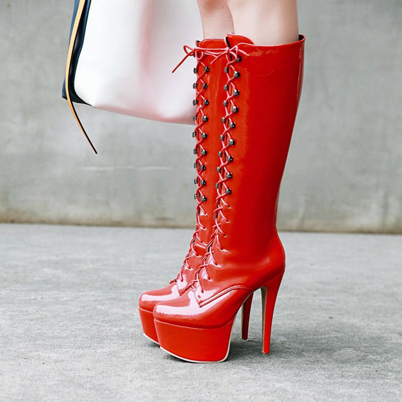 Stivali Lunghi Sexy Donna Plateau Tacchi Alti Sottili Stivali Alti al Ginocchio 2024 Inverno Stringati Rosso Nero Bianco Feticcio Scarpe da Festa Taglia Grande