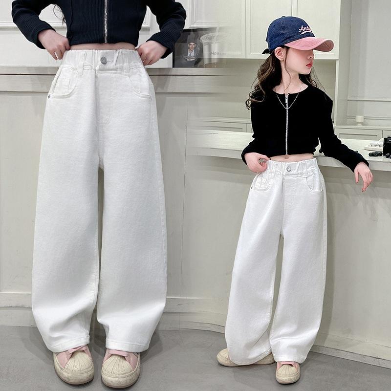 Children Vintage White Straight Jeans with Bows For Girls Spring Slim Loose Denim Pants Kids Teenager Casual Jeans Trousers