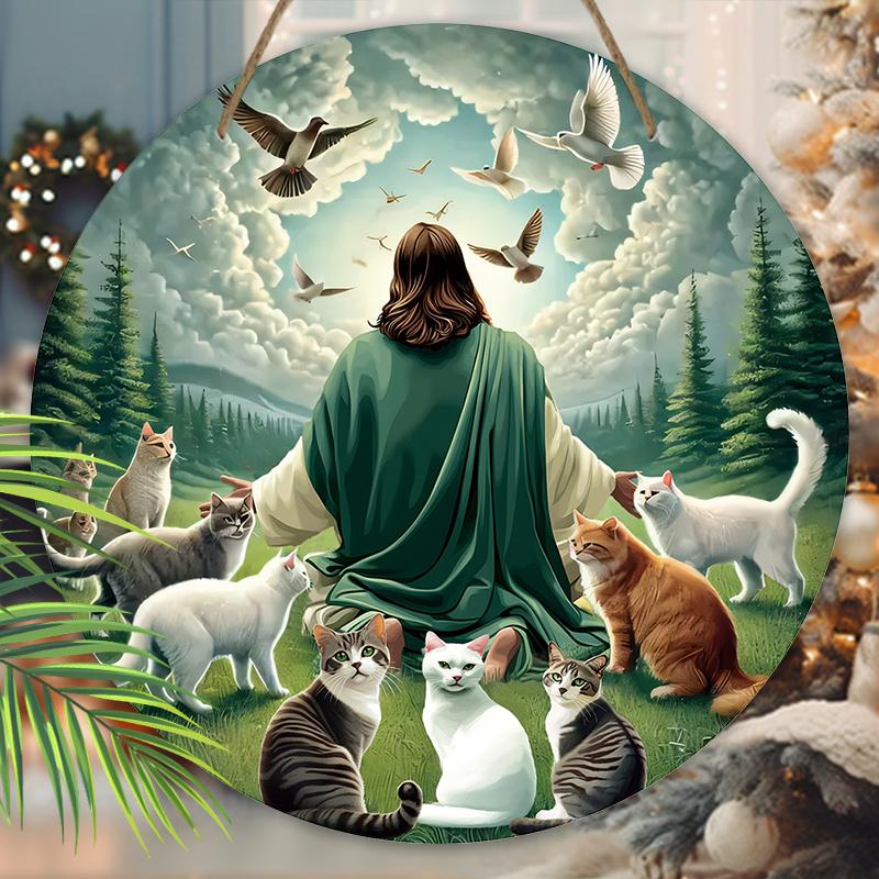 Houten Bord in Moderne Stijl met Epifanie Jezus & Kat & Vredesduif Patroon, Jezus Rond Bord voor Voordeur Wandhanger Decoratie, Ideaal Epifanie Cadeau