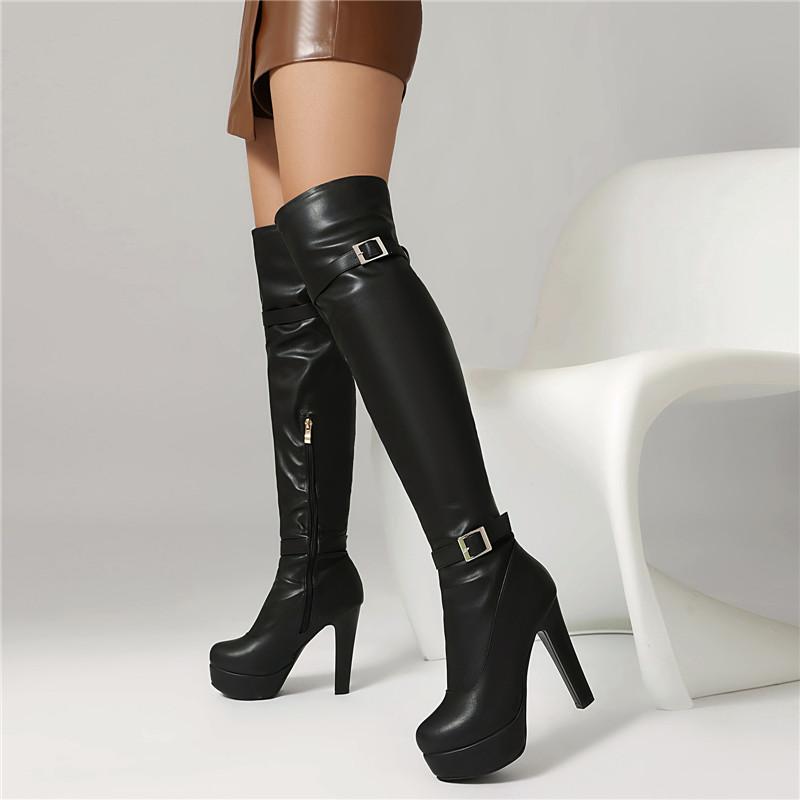 Women's High-heeled Boots, Sexy European and American Style Waterproof Platform Thick Heel Solid Color Large-size Knee Boots