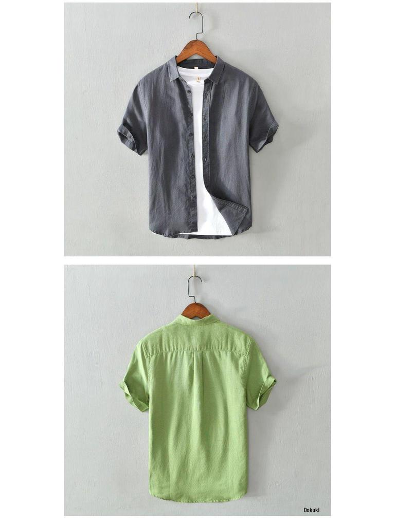 Men's Summer Loose Fit Basic Cotton-Linen Short Sleeve Shirt