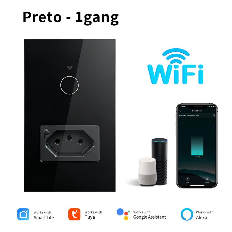 Tuya WiFi Smart Light Switch with Socket Brazil Standard Wall Touch Switches 10A Smart Plug Outlet Work With Alexa Google Home