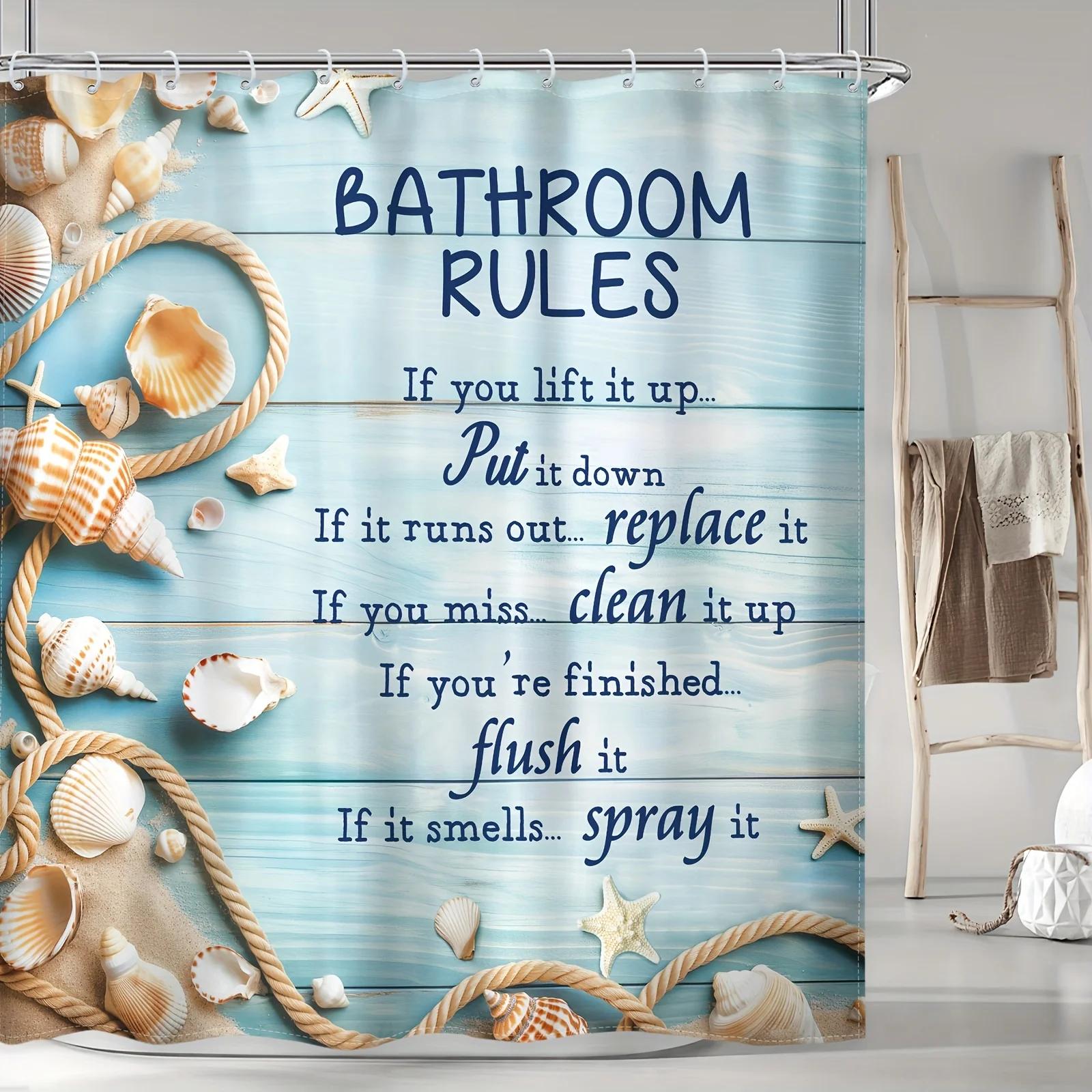 Dunika Chen Beach Shower Curtain - Vintage Wood Panel, Starfish Shell, Hemp Rope Quotes, Waterproof, 12 Plastic Hooks