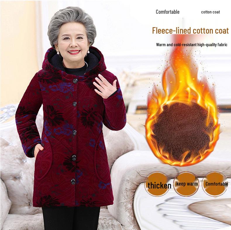 Grandma's Velvet-Lined Corduroy Hooded Winter Coat for Elderly Women