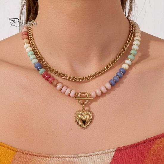 Preppy Aesthetic Beaded Necklace Women Layered Necklace, Heart Pendant Colorful Choker for Bohemian Jewelry Summer Beach Gift Mom Daughter Girlfriend