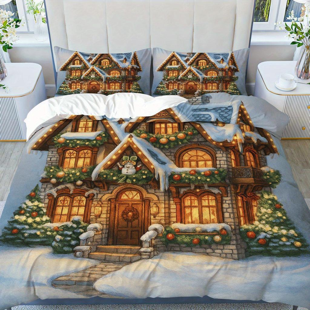 3pcs Festive Snow Cottage Christmas Duvet Cover Set Cozy Winter Holiday Theme with Illuminated House Print 1 Duvet 2 Pillowcases