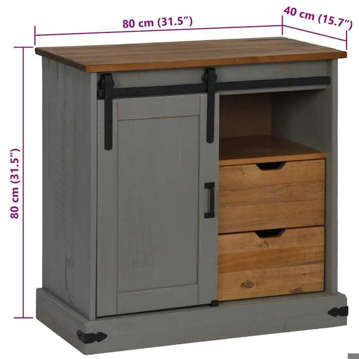 VidaXL Buffet HALDEN Sliding Door Grey 80x40x80 Cm Solid Wood, Storage Cabinet, Kitchen Storage Cabinet, 4018419
