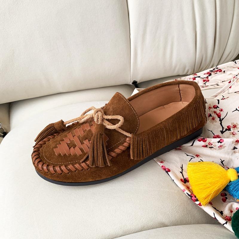 

Весенне-осенние новые туфли-лодочки из замши, женские туфли на плоской подошве с бахромой и узлом Су-суи, нескользящая мягкая подошва, не утомляющие ноги, ретро одинарные туфли 43