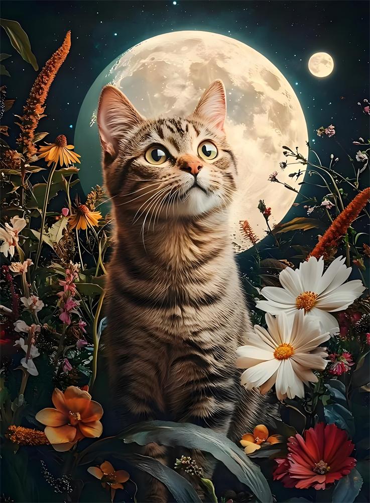 5D Diamond Painting Moon Night Flower Cat Decoration DIY Full Diamond Mosaic Inlaid Cross Stitch Set Gift