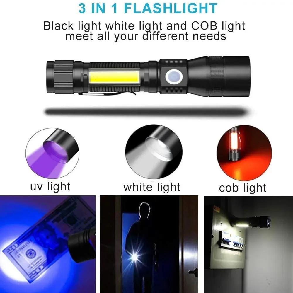 Super Bright 7 Lighting Modes Rechargeable Flashlight High Power UV Light Red/White Light Zoomable Torch Waterproof Flashlights