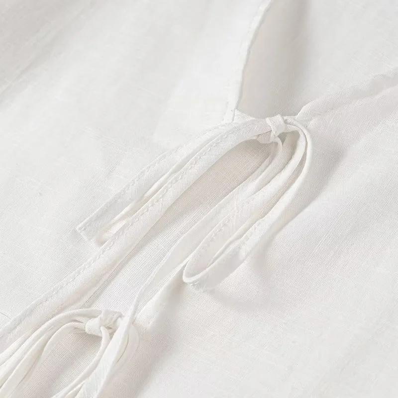 2025 Sommer Hvite Snøreskjorter for Kvinner Elegant Løs Langermet V-hals Bluse Dame Ensfarget Casual Street Chic dame Topper