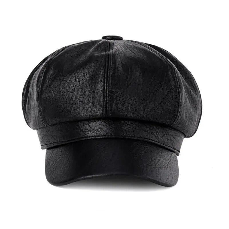 Autumn Winter Hats for Women Solid Plain Octagonal Newsboy Cap Men Ladies Casual PU Leather Hat Winter Beret Painter Cap