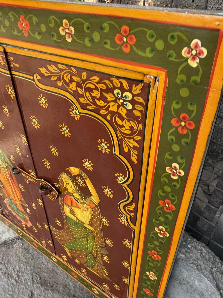 Retro Antique Wooden Window Panel Hand Painted Indian Religious Radha Krishna Frame