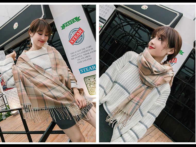 Kockovaný zimný šál pre ženy – strapcový šál v kórejskom štýle z imitácie kašmíru