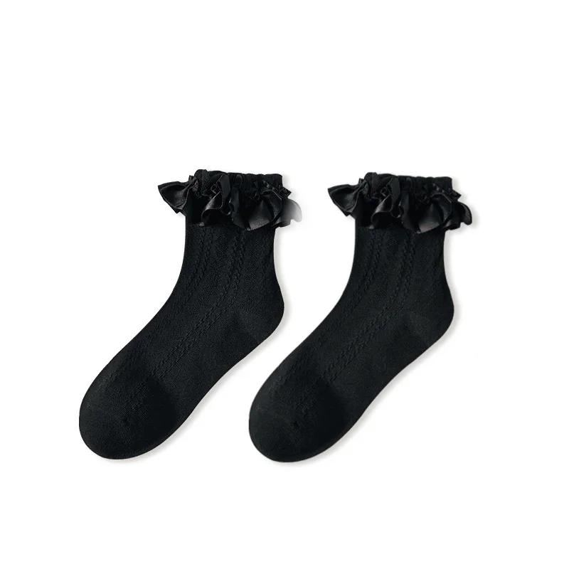 Damensocken, einfarbig, schwarz, weiß, Lolita, Spitzen, Rüschensocken, Sommer, dünne Socken im japanischen Stil, Kawaii, süße Mädchen, süße kurze Socken für Damen
