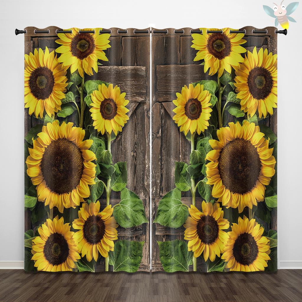 2 pieces of sunflower and cow pattern printed curtains, decorated in a retro rural style for bedrooms and living rooms