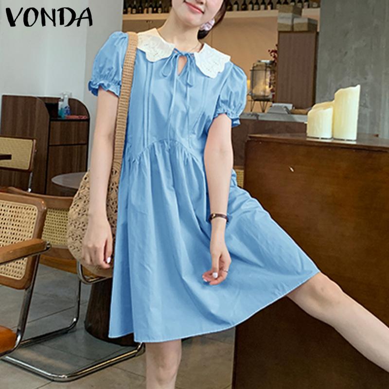 

VONDA Vintage Women Lace Lapel Neck Short Sleeve Casual Pleated Dress M синий