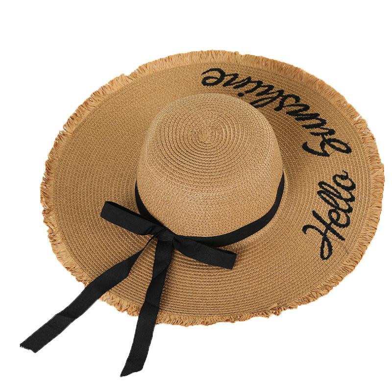 Straw Hat Women Bow Big Eaves Hat Dome Sun Protection Beach Seaside Outdoor English Letter Face Visor