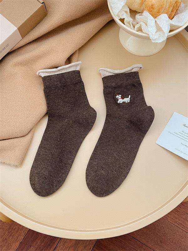 Early Autumn Embroidery Cute Cartoon Puppy Socks Striped Cotton Boneless Cloth Label Socks For Women Korean Students