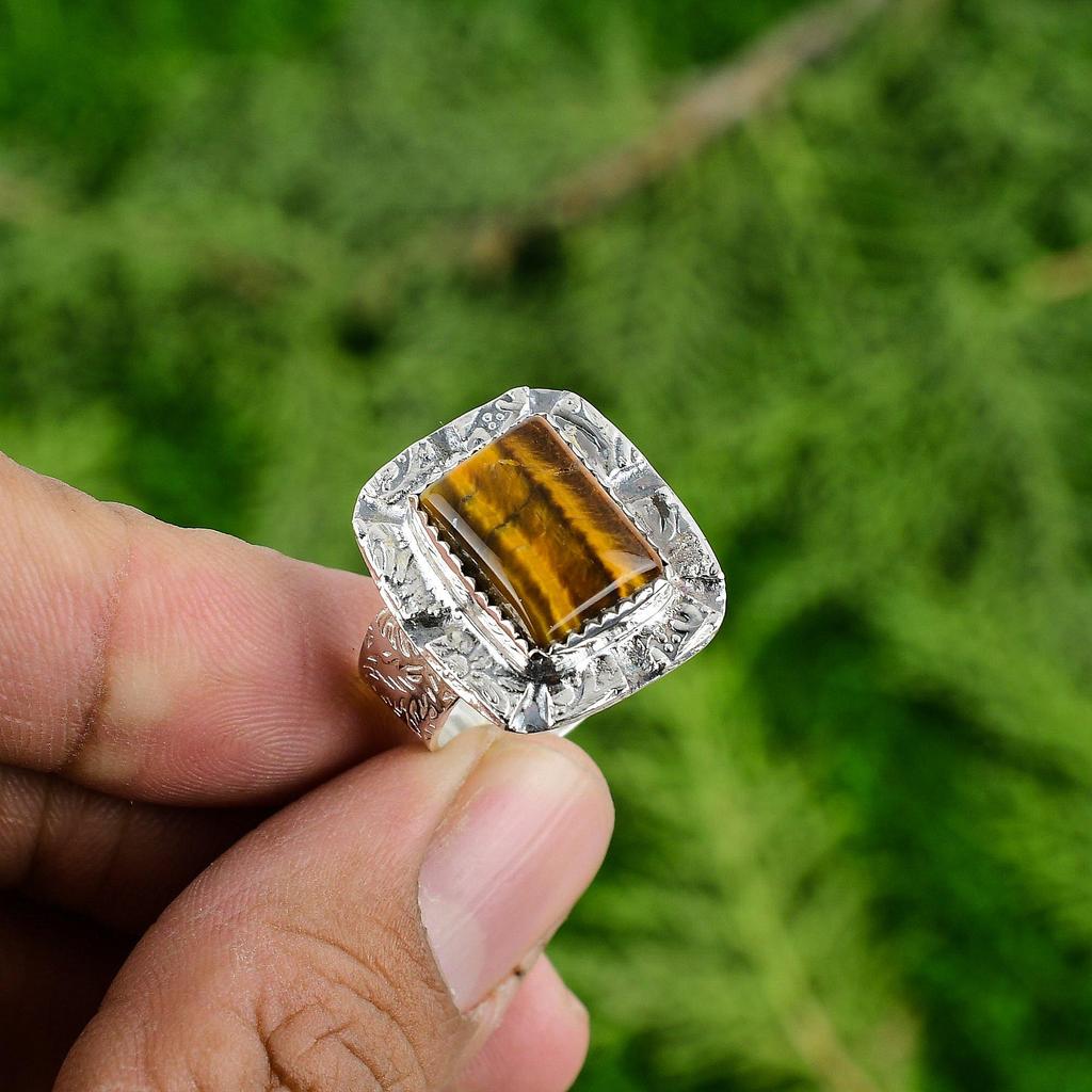 Sterling Silver Sacral Chakra Radiant Natural Tigers Eye Sister Stackable Ring