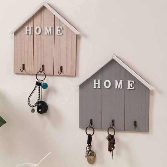 Wall Mount Key Holder Wooden House Shaped Keychain Organizer with 3 Hooks Rustic Key Rack for Entryway Bathroom Hallway Kitchen