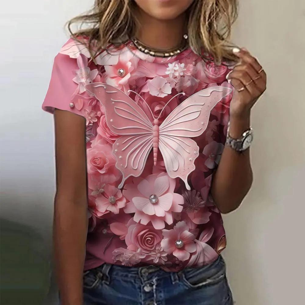 T-shirt da donna estiva a girocollo con stampa fantasia farfalla 3D, alla moda e casual a maniche corte