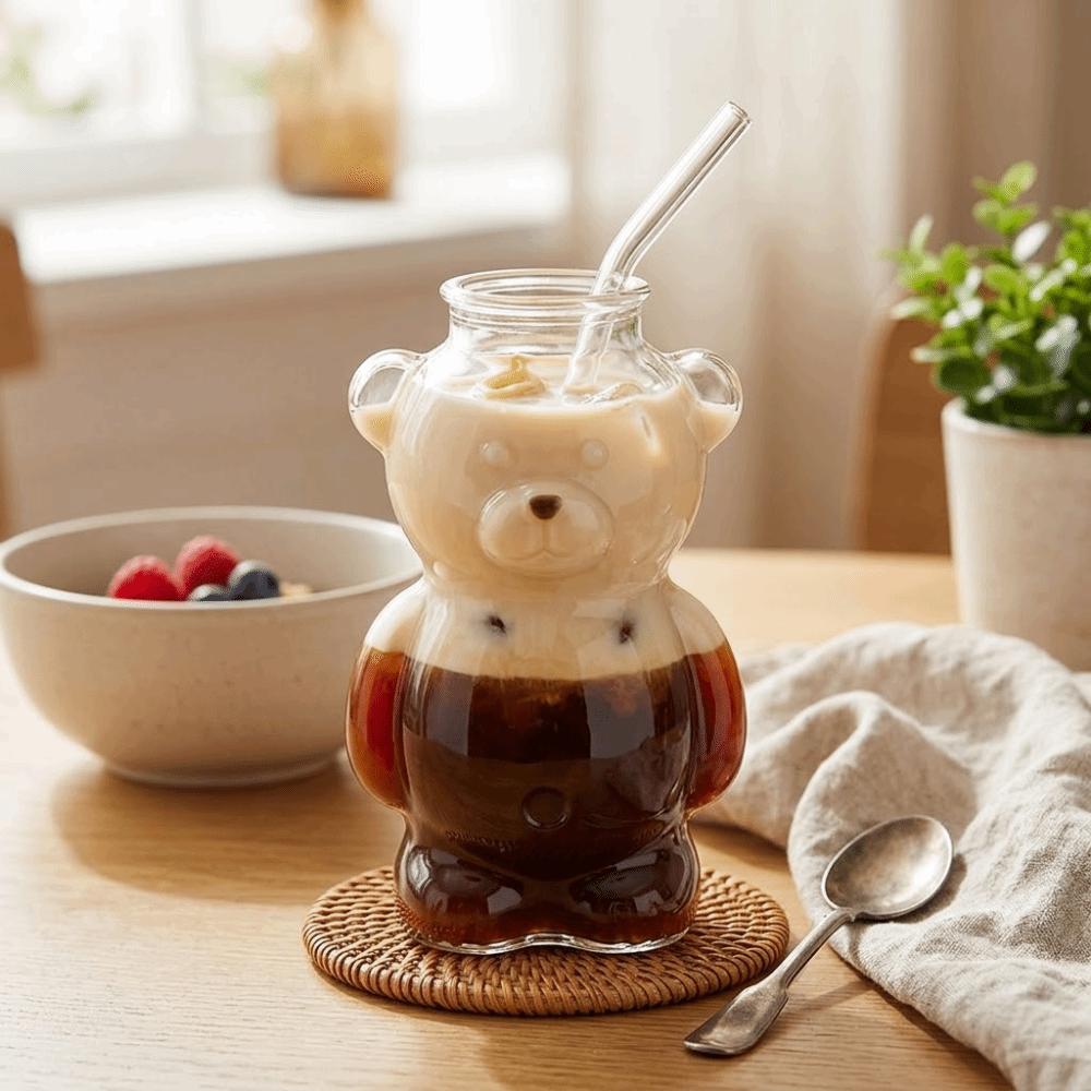 Transparent Clear Bear Glassware 320ML Milk Tea Straw Cup Cute Glass Cup With Straw Coffee