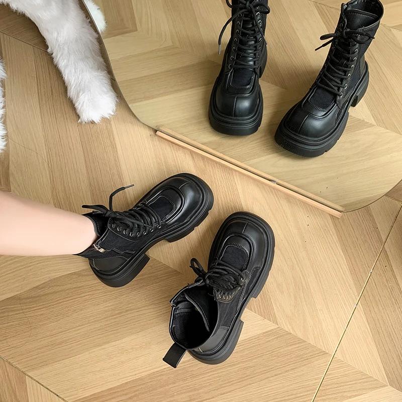 Fashion 2024 New Internet Famous Lace Up Fashion Boots for Women Round Toe Side Zipper Thick Soled Casual Knight Boots Plus Size 40