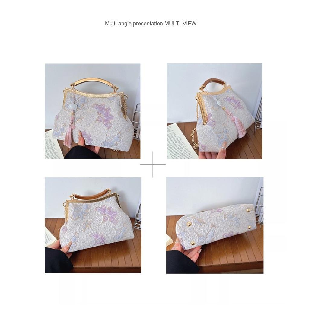 Shoulder Bag Women Cloth Embroidery Floral Chain Strap Daily Commute