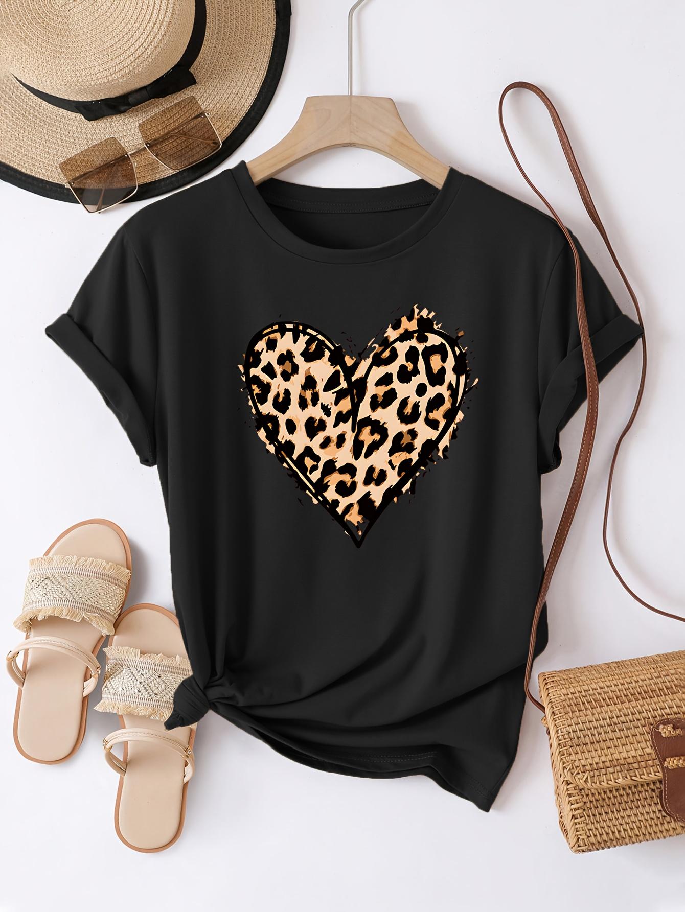 

WomenS Casual Crew Neck TShirt with Leopard Print Heart Design Short Sleeve Polyester Knit Fabric Tee y2k top Women clothes 4XL