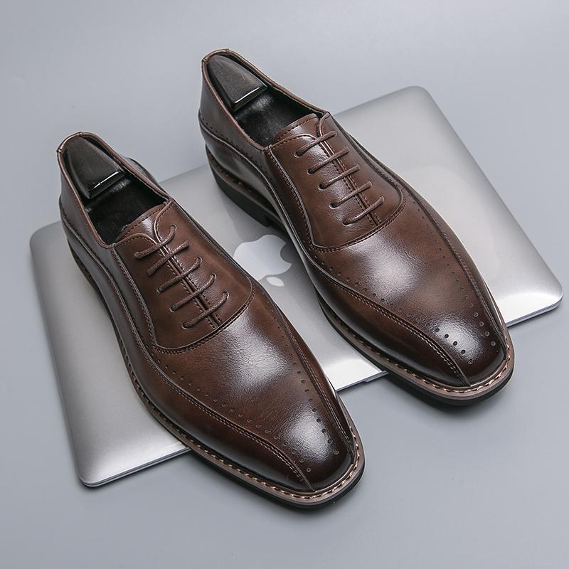 Fashion Business Men Formal Leather Shoes Dark Brown Lace-up Comfortable Fashionable Office Leather Shoes Banquet Shoes Sizes 38-46