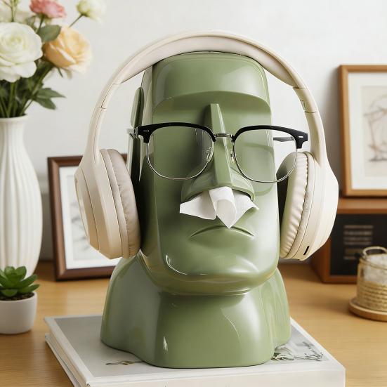 Moai socha krabička na kapesníky Držák na sluchátka Zábavný kryt na krabičku s kapesníky Organizér na brýle na stůl Dekorativní držák na kapesníky pro domácí kancelář ložnici stůl