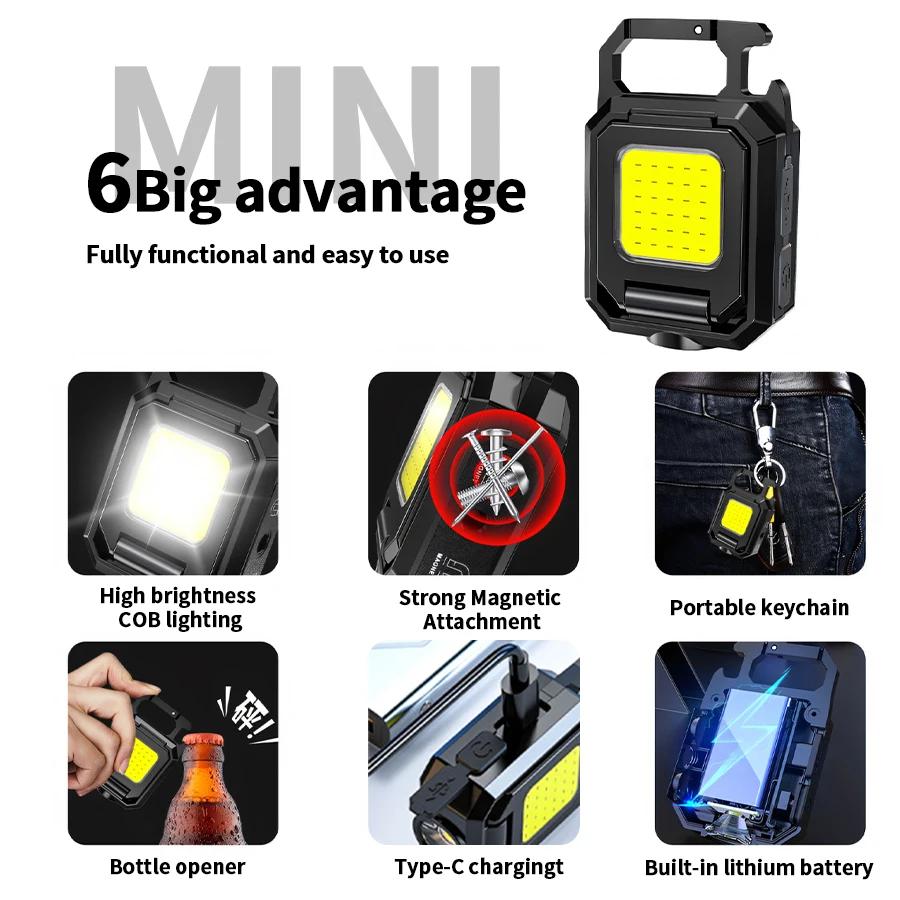 Multi Functional LED Flashlight Three Head Keychain Light USB Rechargeable Outdoor Waterproof Lighting Spotlight Work Light