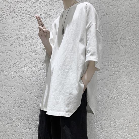 Men T-shirt Solid Color Simple Casual Young Style Friendly to Skin Round Neck Loose Split Hem Half Sleeves Summer Tops Men Clothes