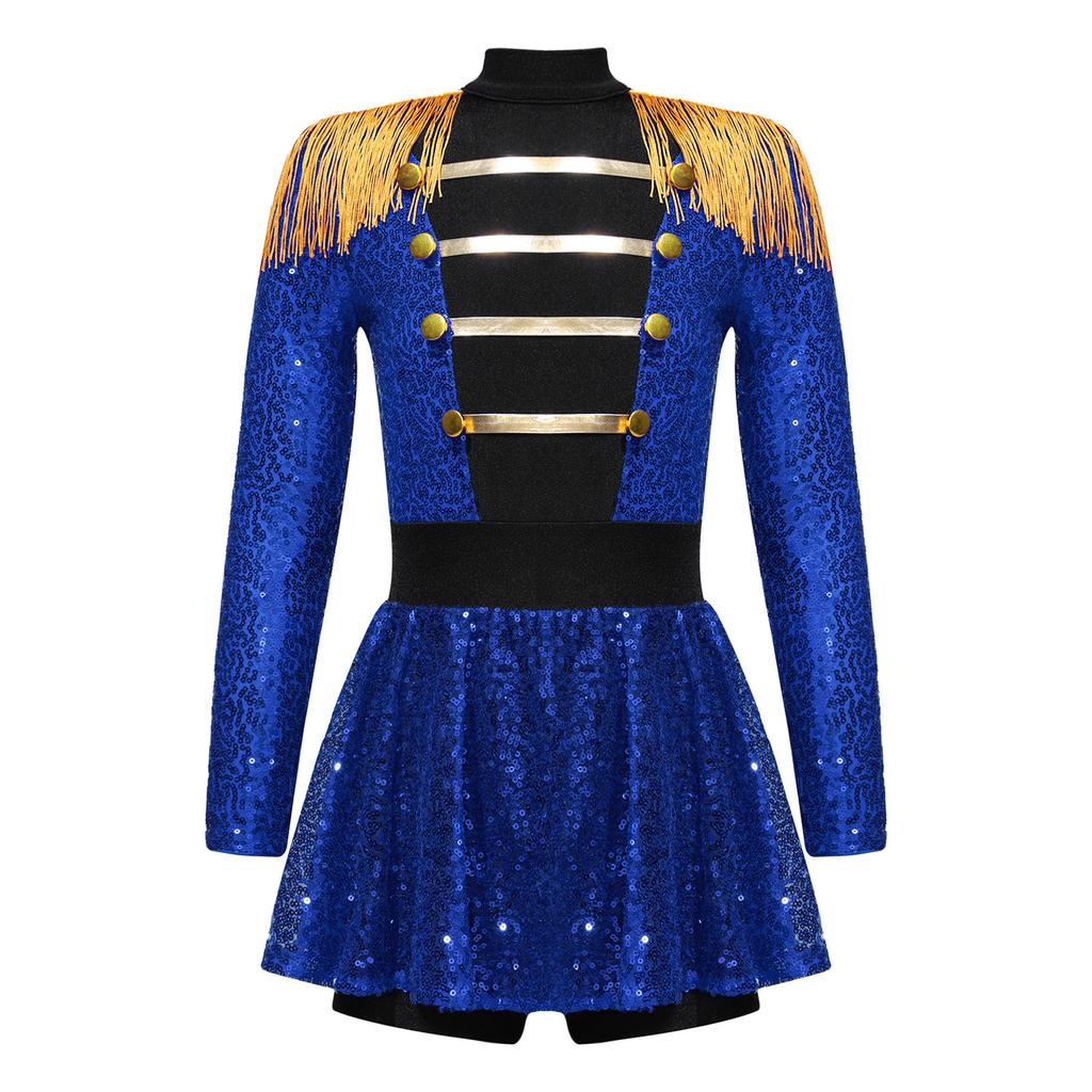 Girls Circus Ringmaster Costume Long Sleeve Shiny Sequins Dress Jumpsuit Halloween Party Fancy Cosplay Outfits Ballet Dancewear