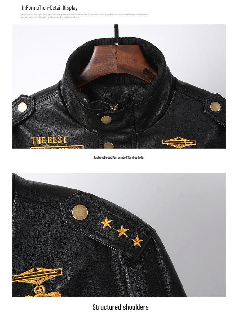 Chaqueta de Cuero para Motociclista con Forro de Terciopelo Otoño/Invierno 2026 para Hombre - Estilo Béisbol Bordado Juvenil de Moda