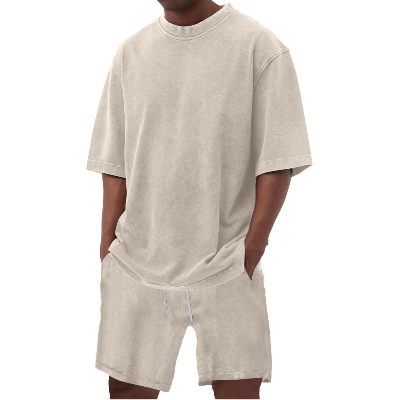Мужской летний повседневный комплект из 2 предметов: Круглая футболка с коротким рукавом и шорты M бежевый