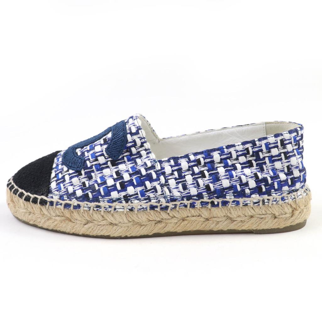 Great CHANEL Leather Shoes COCO Mark Tweed Espadrilles Blue Women 35 G34546 Used
