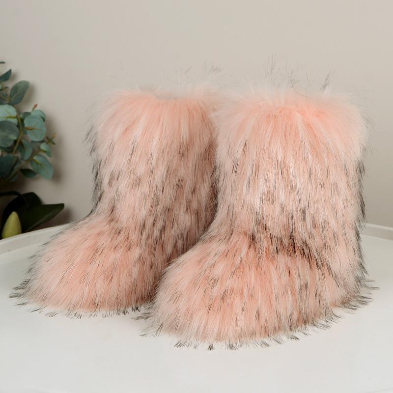 Medium tube fluffy boots Thickened warm winter deep mouth round head fox fur snow boots