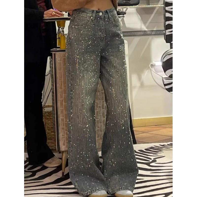 Damskie Letnie Dżinsy w Stylu Retro z Naszywkami z Dżetów Błyszczące Wysokim Stanem Wyraziste Streetwear Rozszerzane Spodnie