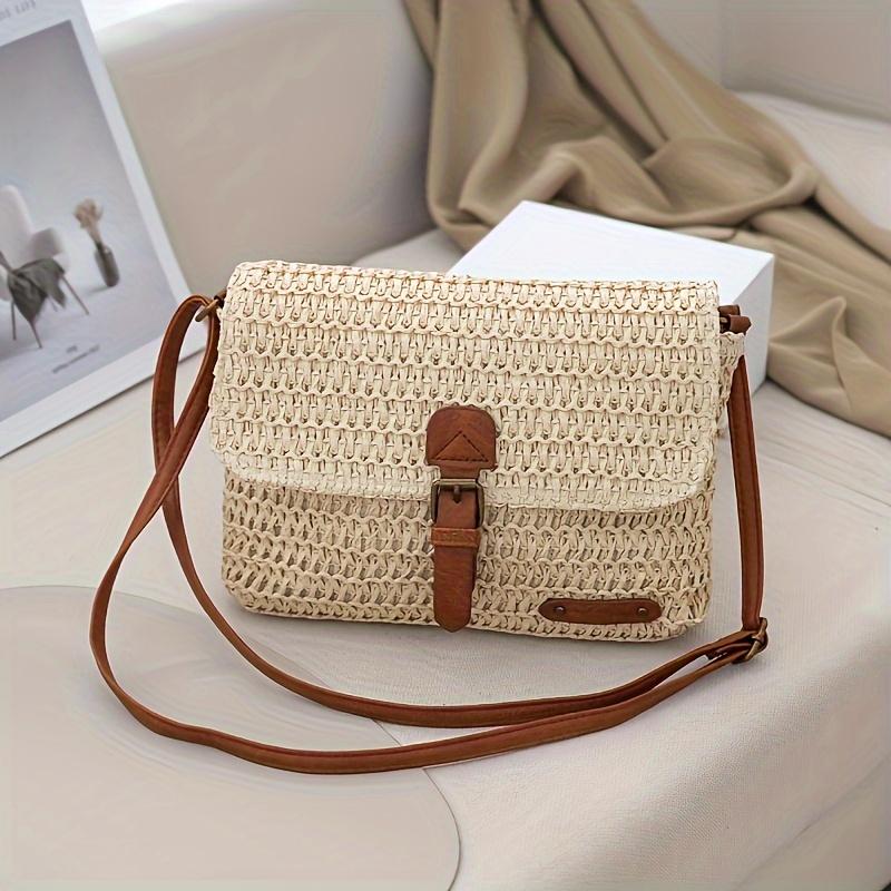 Vintage Woven Straw Messenger Bag, Small Papyrus Crossbody Bag for Women, Retro Travel Beach Bag with Adjustable Strap