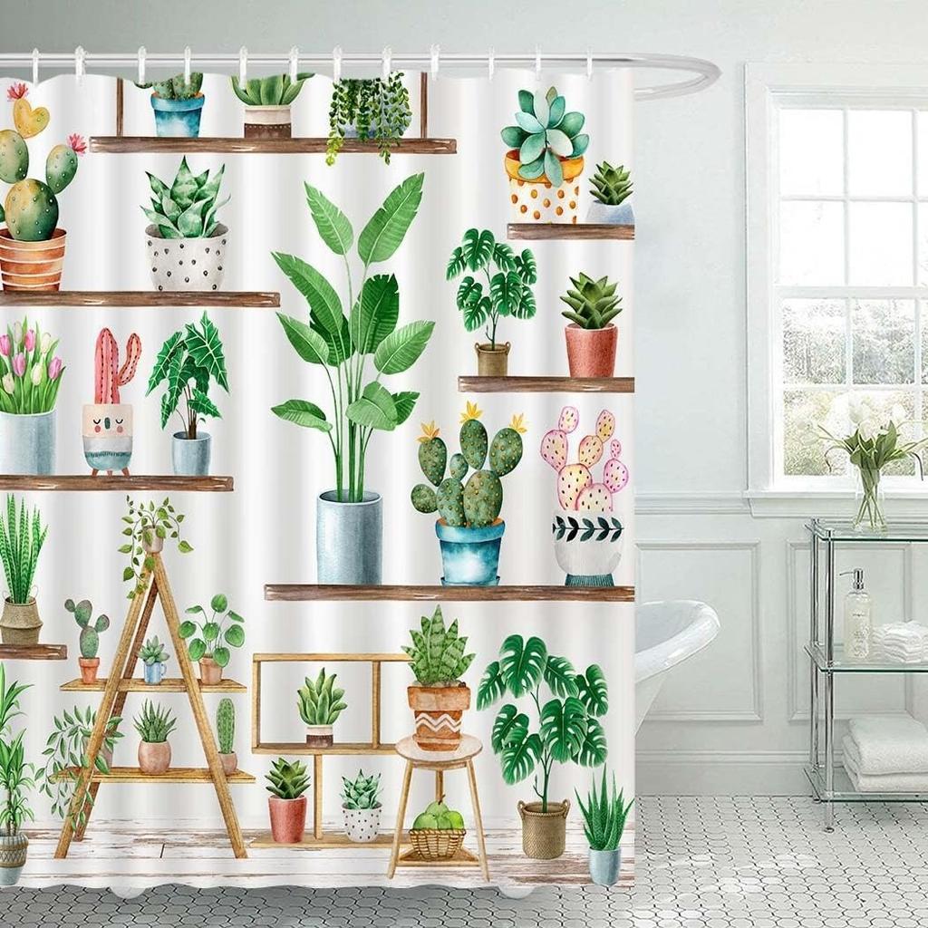 Bohemian Potted Cactus Washable Dirt-Resistant Shower Curtain Shower Head Waterproof Polyester Bath Curtain For Home Decor