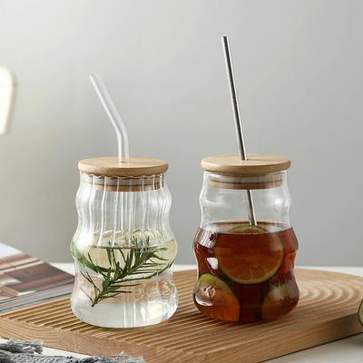 For 500ml Glass Tumblers Cups With Straw Mason Jar Clear Juice Coffee Milk Cup With Bamboo Lids Drinkware Stripe Beer Mug