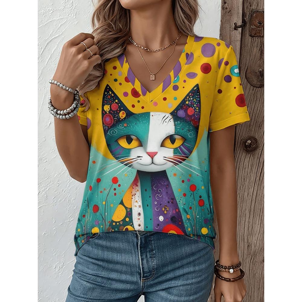 Multi pattern V-neck short sleeved T-shirt, fashionable women's T-shirt, printed basic top, street wear, summer oversized clothing, women's T-shirt