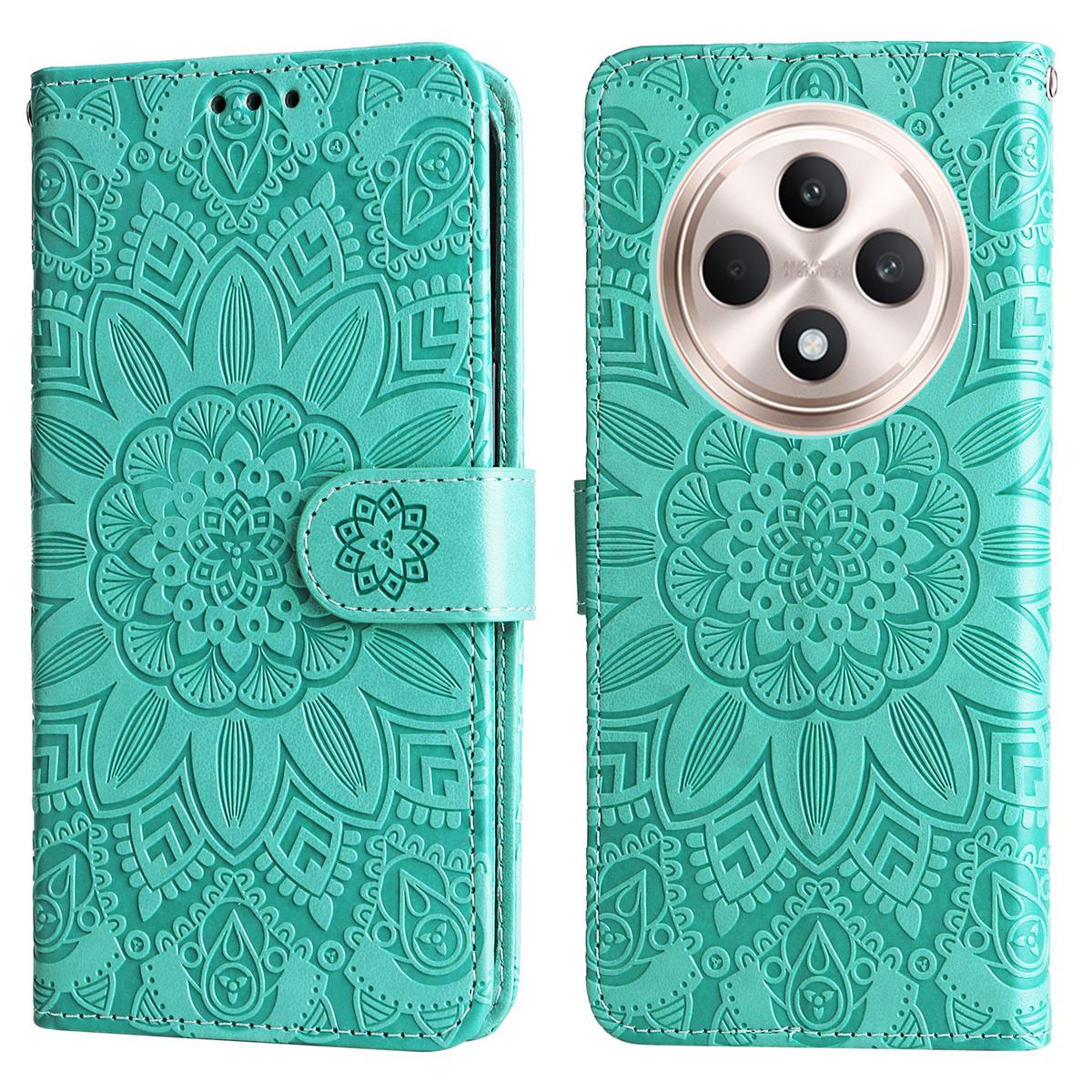 

For Oppo Reno12 F 4G Case Sunflower Imprint Leather Wallet Phone Cover Green