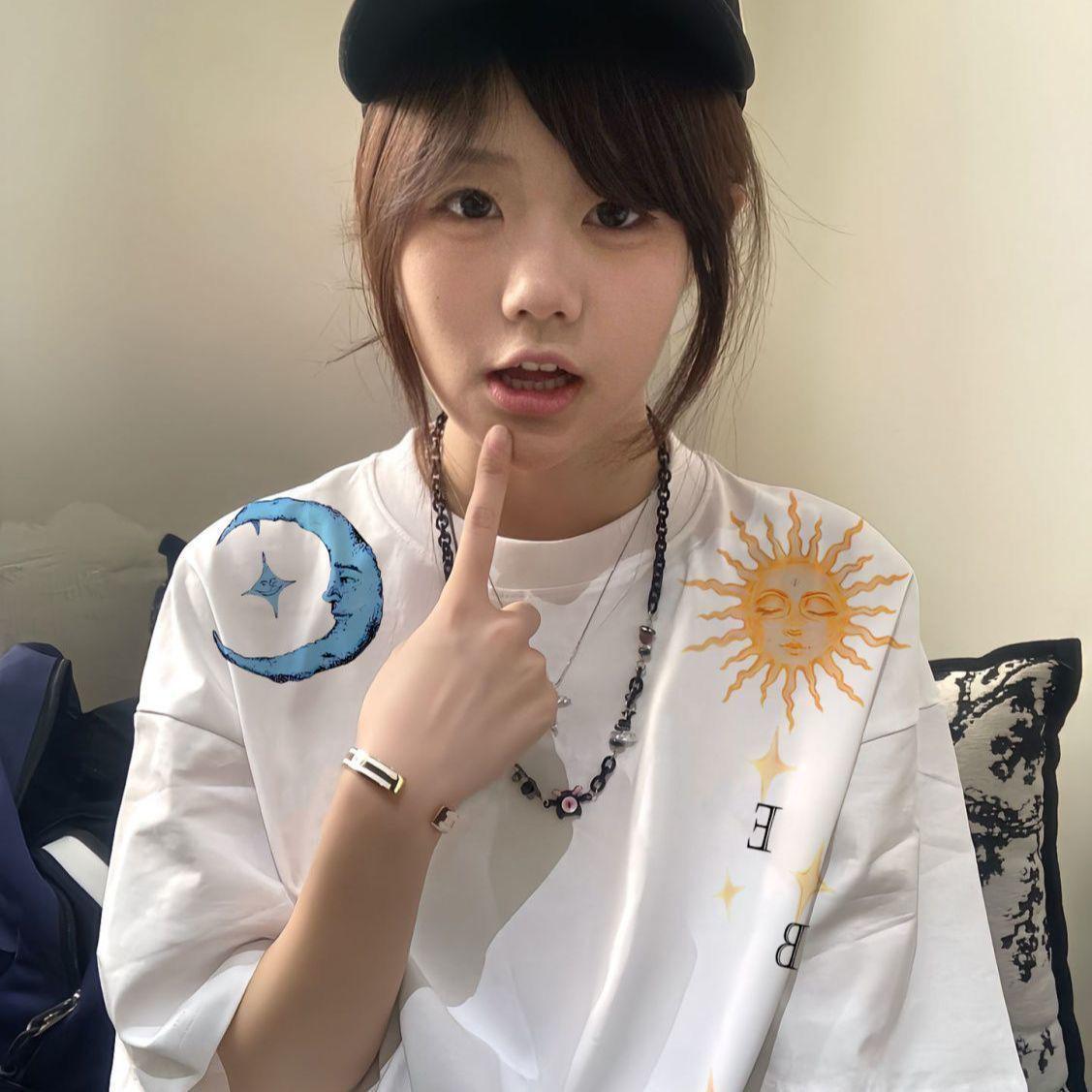 

Guochao Hiphop Sun & Moon Print Pure Cotton Short Sleeve T-shirt, Unisex Summer Half Sleeve Round Neck Top XL (126-140 jin)
