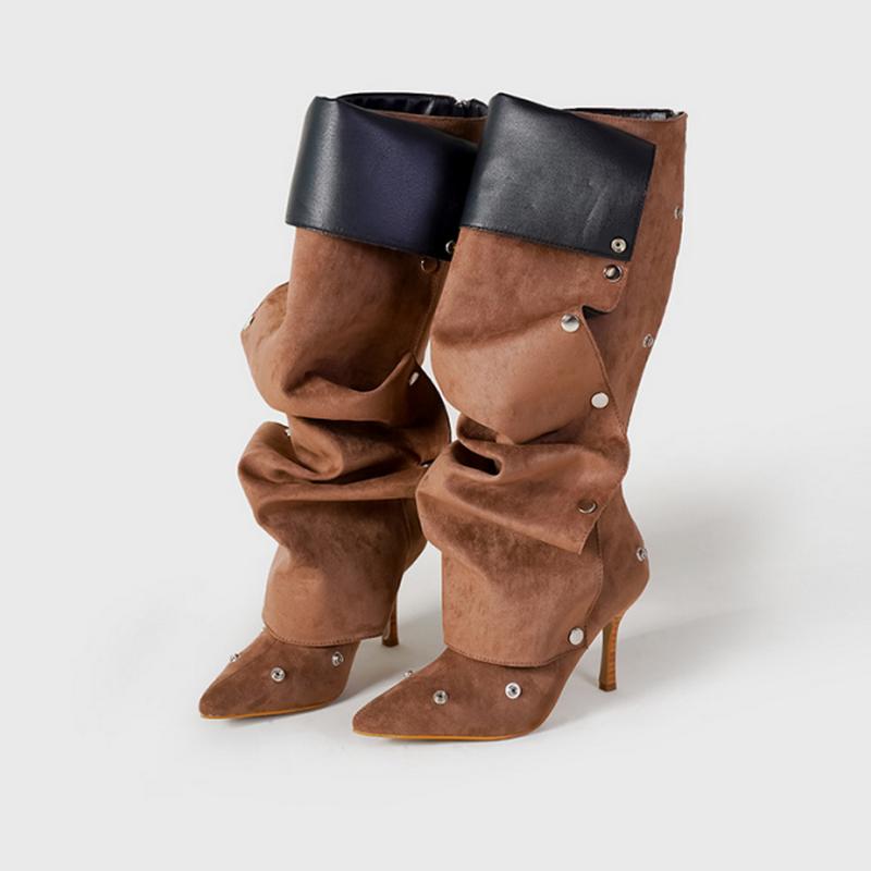 Fashion FHC 2024 New Women Knee High Boots, Denim Long Botas,Spring/Autumn Fashion Rivets Shoes,Pointed Toe,Black White,Brown,Dropship