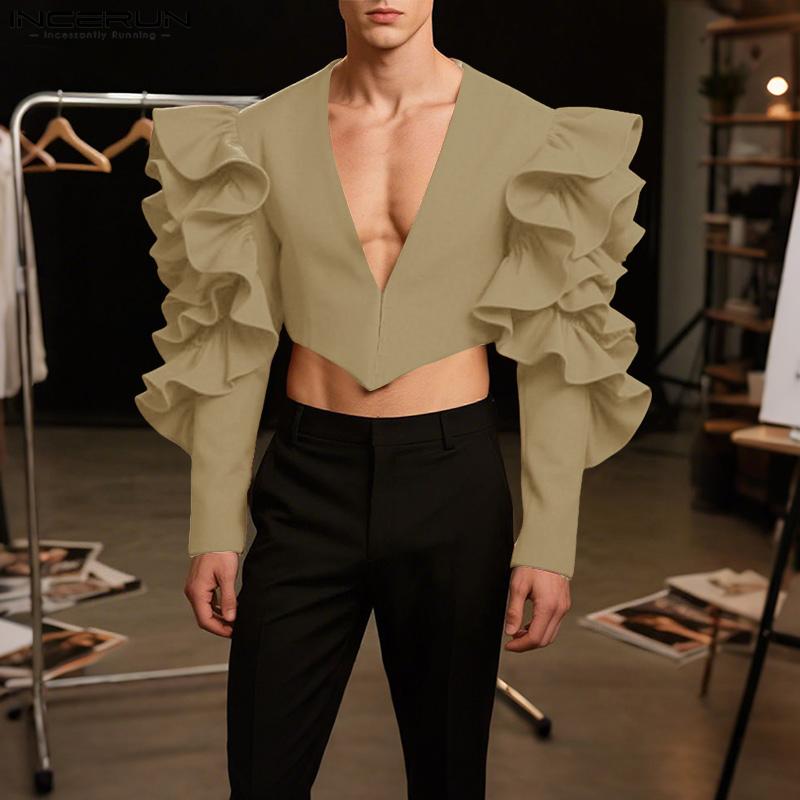 INCERUN Men V Neck Ruffled Long Sleeve Irregular Party Blazer Short Coats